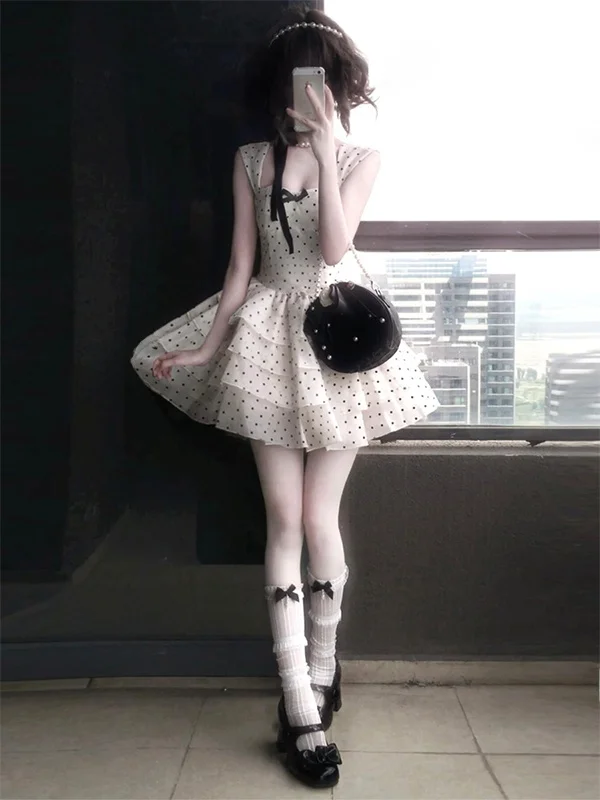 Summer Polka Dot Halter Dress Women's Sweet  Knot Puffy Skirt Short Cake Skirt High Waist Baking Powder Princess Dress