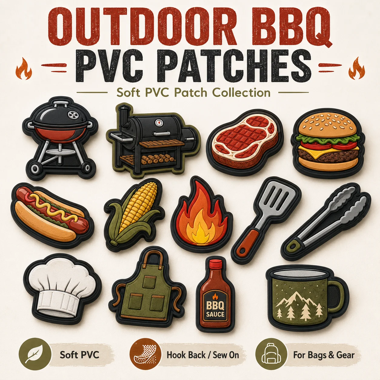 Custom Outdoor BBQ PVC Patches Grill Smoker Steak Burger Hot Dog Soft Rubber Hook and Loop for Bags Jackets Hats Cooking Gear