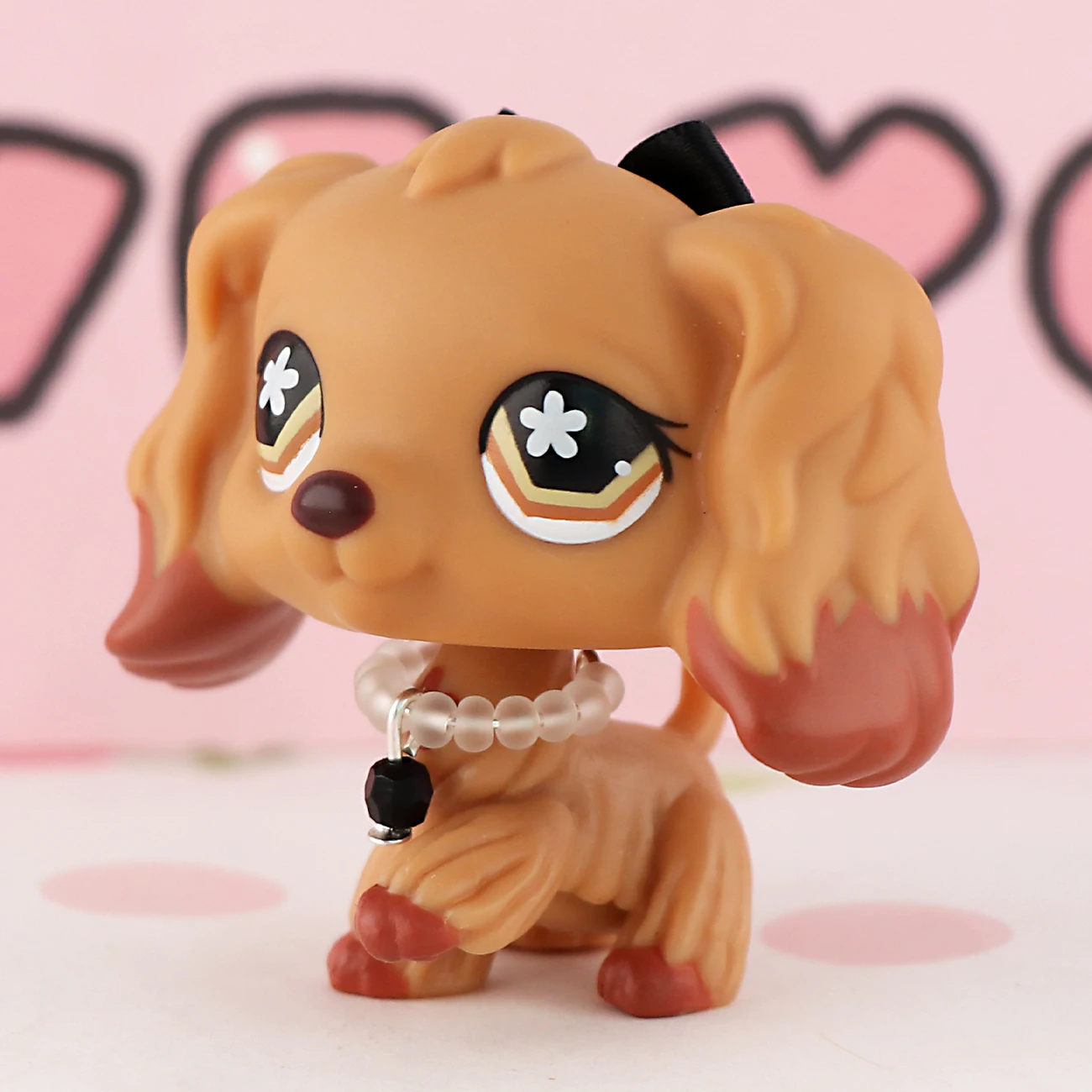 Mini Pet Shop Tan Cocker Spaniel Dog #575 with Black Bow Necklace for Pet