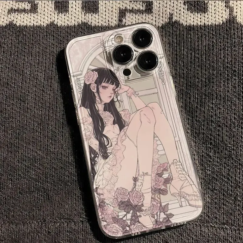 Anime Lolita Girl Phone Case For iPhone 16Pro Max 15 14 13 12 11 XR XS Max 7 8Plus Y2K Cartoon Senior Soft Anti fall Phone Case