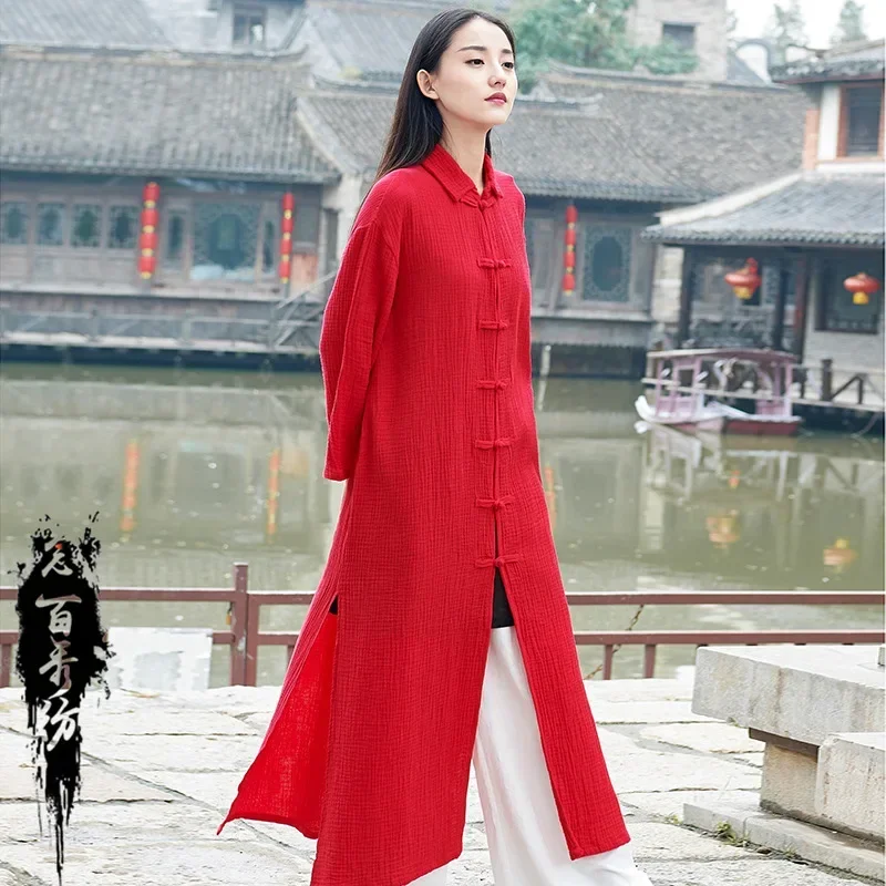 

4colors Women Retro Zen Tea Coat Cotton Linen Cheongsam Tops Clothes Kung Fu Tai Chi Qipao Jackets Cardigan Casual Blouse Robes