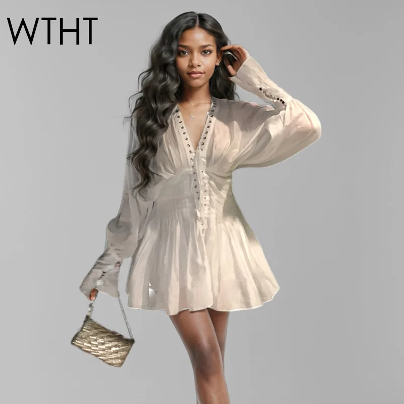 

WTHT Fashion New Women's Solid Color Bandage Waist Up Shirt Dress 2025 Spring Trendy V-neck Long Sleeves Dresses Female 1LS1051