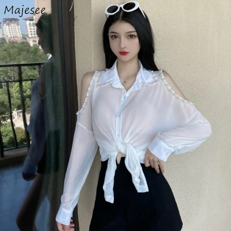 

Chiffon Shirts Women Chic Pearl Off-shoulder Long Sleeve Shirt Fashion Spring Clothes Sexy Chic Female Loose Design Tops Holiday