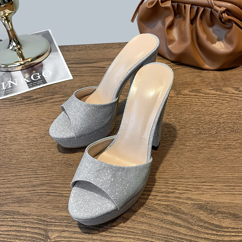الفاخرة الترتر شبشب صيفي الإناث عالية الكعب منصة الشرائح النساء موضة الذهب والفضة البغال أحذية صندل السيدات حجم كبير #3