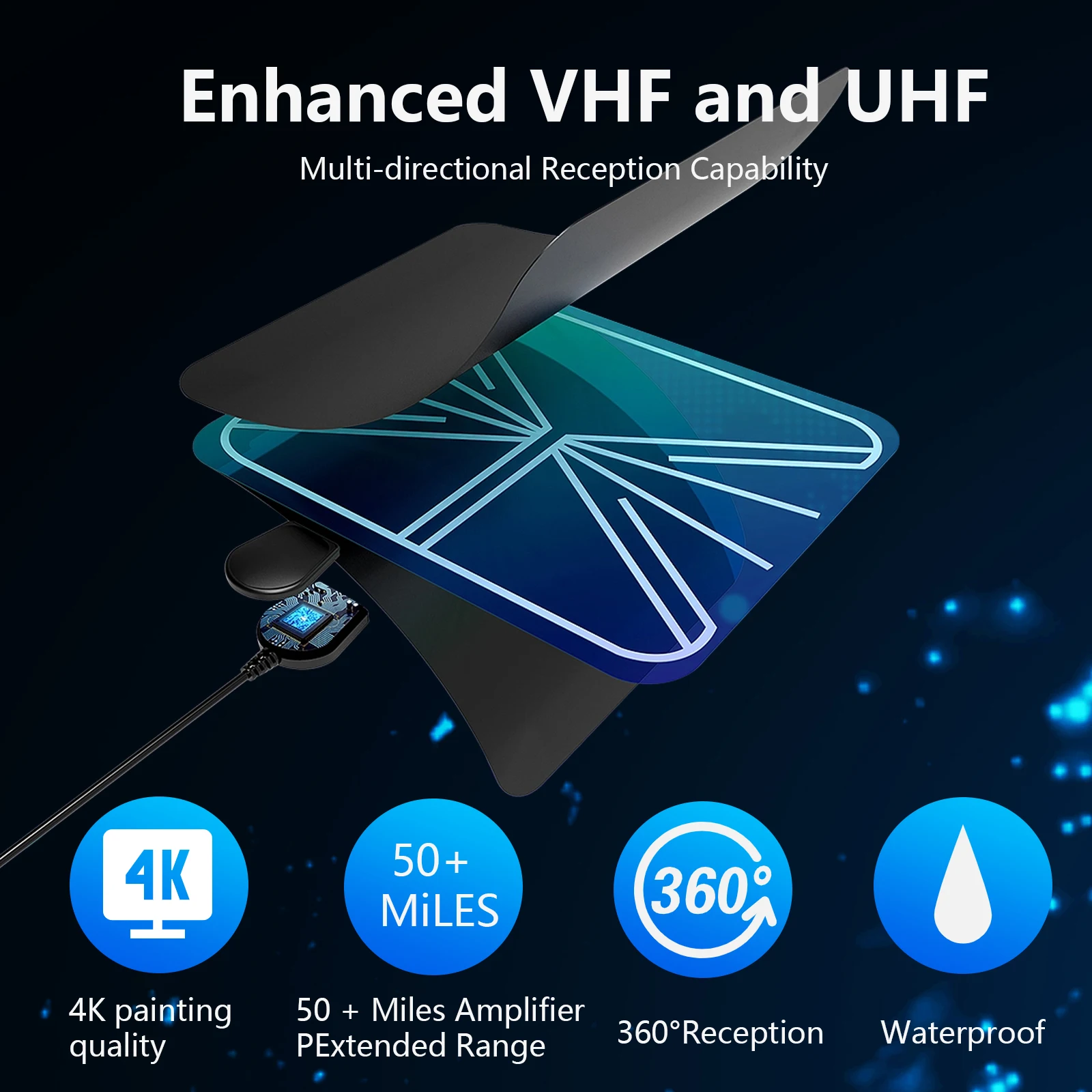 هوائي هوائي التلفزيون إشارة قوية داخلية 30Dbi مكاسب عالية 4K تلفزيون Dtv Vhf Uhf صندوق التلفزيون إعداد مسطح