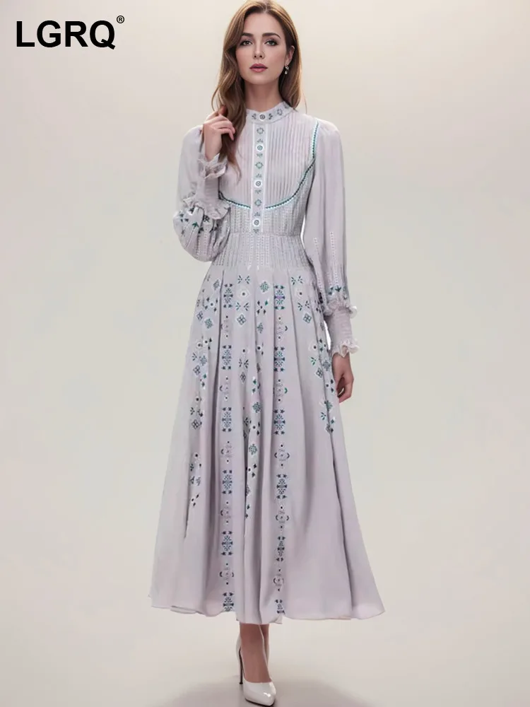 

LGRQ Women's Vintage Evening Dress Fashion Stand Collar Long Lantern Sleeve Embroider Design Dresses 2024 Summer New 19ZZ508