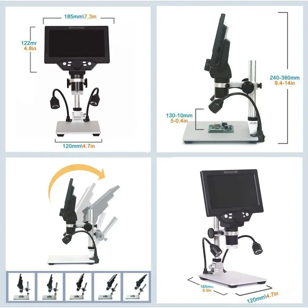 1200X Digital Microscope 12MP Electronic Video Microscopes 7 Inch HD LCD Soldering Phone Repair Magnifier Metal Stand PC View