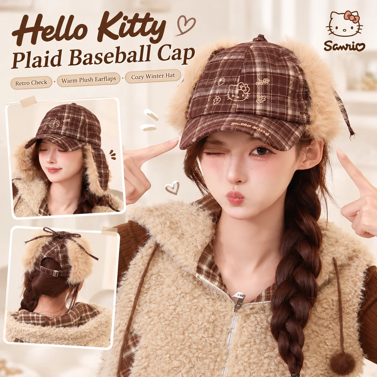 nuovo-cappello-invernale-caldo-e-peloso-con-orecchie-di-hello-kitty-di-sanrio-cappello-retro-antivento-per-l'autunno-e-il-freddo-cappello-da-baseball-a-quadri-per-esterni