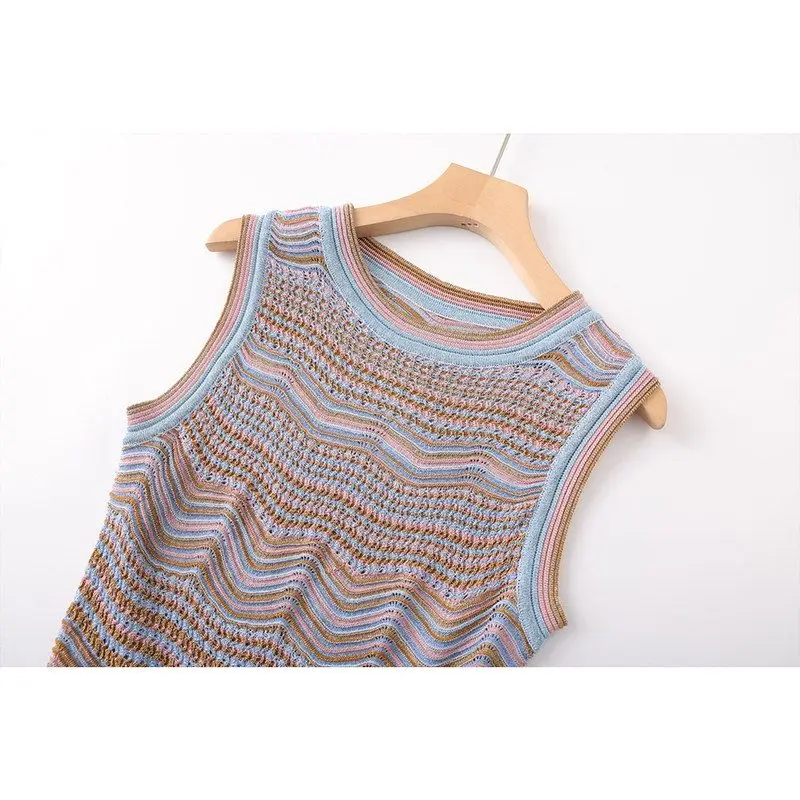  Gradient Wave Knitted Dress Elegant Fashionable High-End Sensation Midi Dress Sleeveless round Neck Citywalk Dress