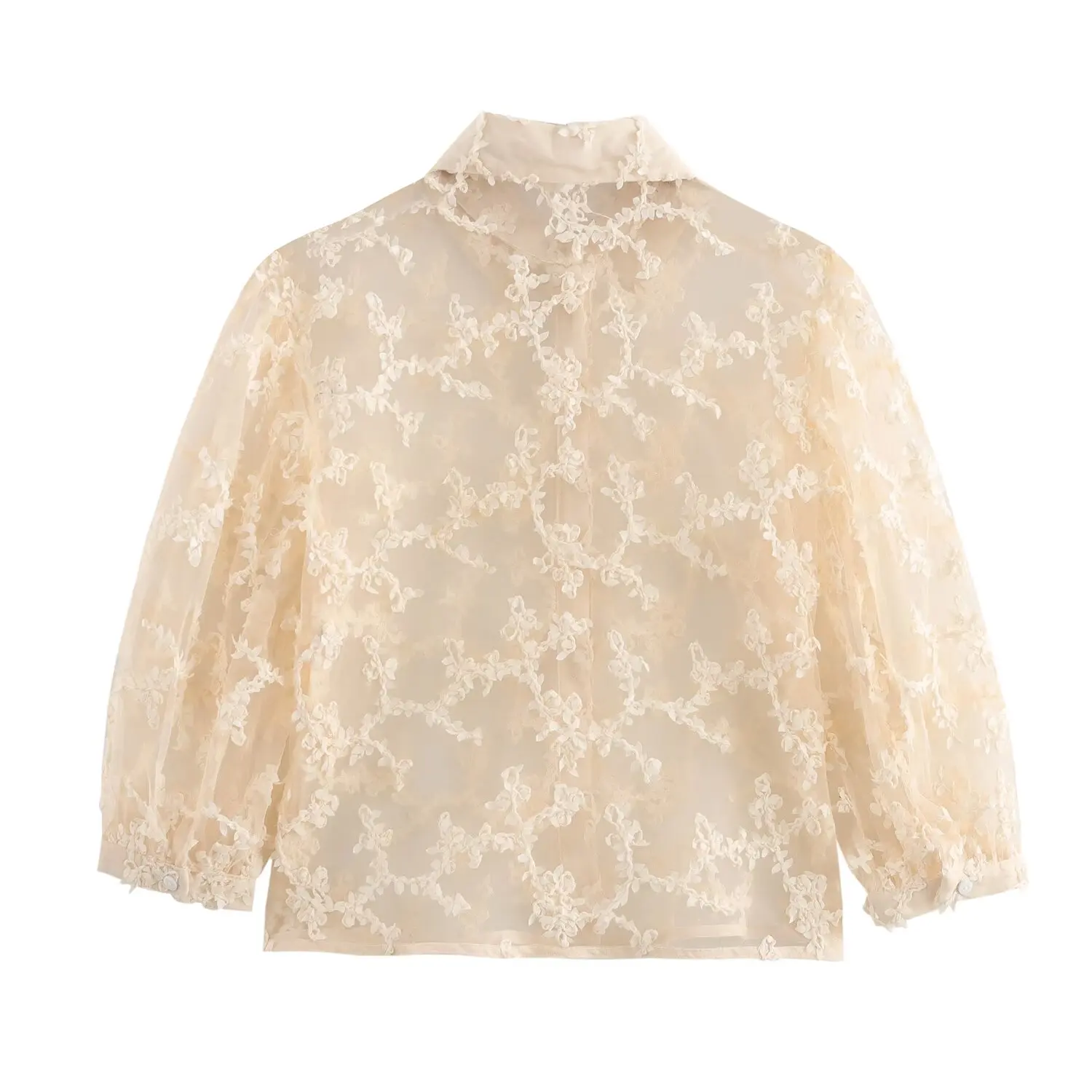 Tangada 2024 Women White Flower Mesh Shirt Long Sleeve Chic Female Crop Shirt Tops QD0161