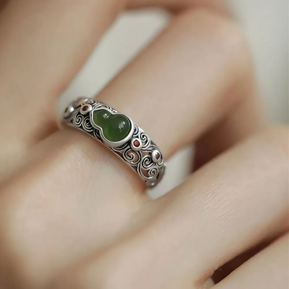 

SEREIN 1 PCS S925 Silver Jade Gourd Ring Women's 2024 New Retro National Style Adjustable Opening Ring Jewelry for Women