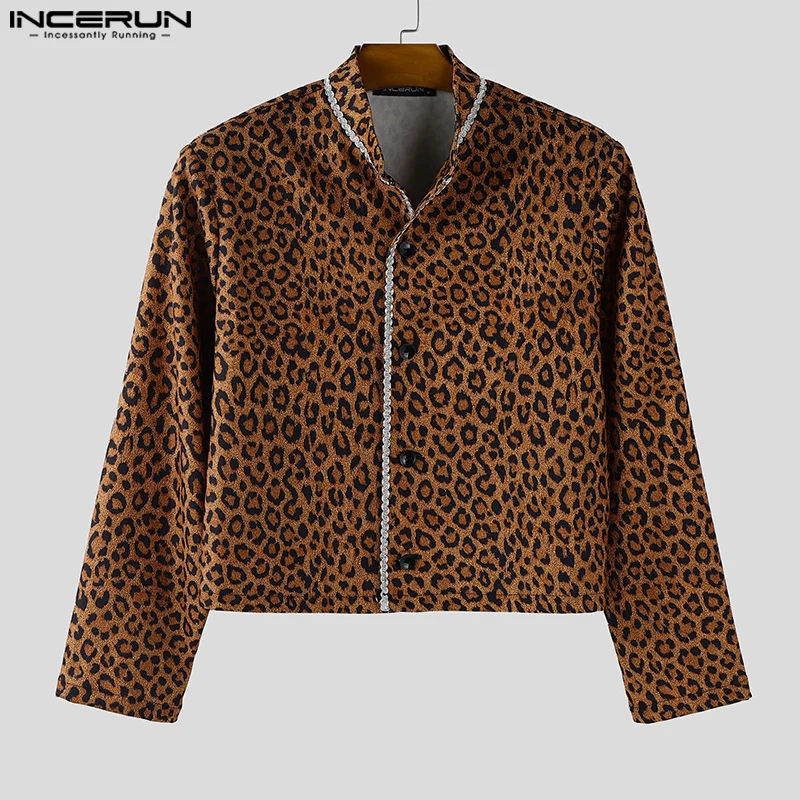

INCERUN Men Jackets Leopard Print Patchwork Lapel Long Sleeve Button Male Crop Coats Streetwear 2025 Fashion Casual Jackets Men