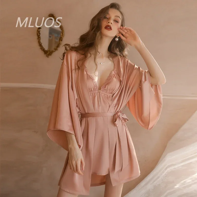 

new in women's sleepwear Sexy Pure Desire Pajamas Lace Solid Color Halter Dress Tie Morning Gown Outer Gown Homewear Set robe