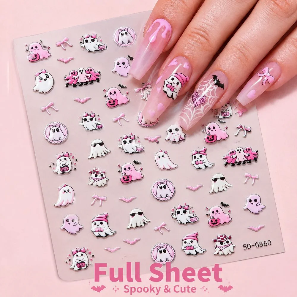 Cute Cartoon Ghost Nail Stickers 5D Embossed Adhesive Decals Pink Bow Bat Pumpkin Element Sweet Spooky Halloween Manicure Supply