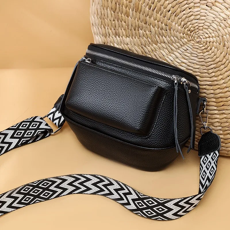 High Quality Genuine Leather Wide Stripe Small Shoulder Bag Women Cross Body Chest Bag Cowhide Leather Vintage Female Waist Pack