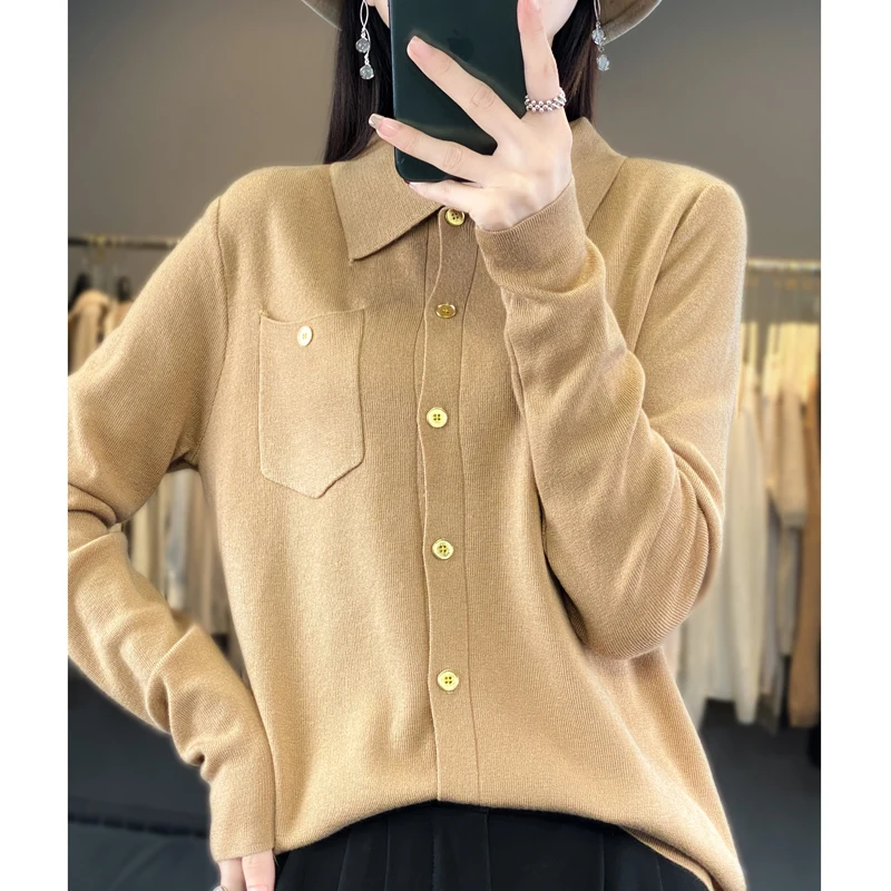 Autumn Winter New Wool Cardigan Women's Polo Neck Long Sleeve Solid Lmitation Wool Loose Pocket Small Fragrance Knitted Cardigan