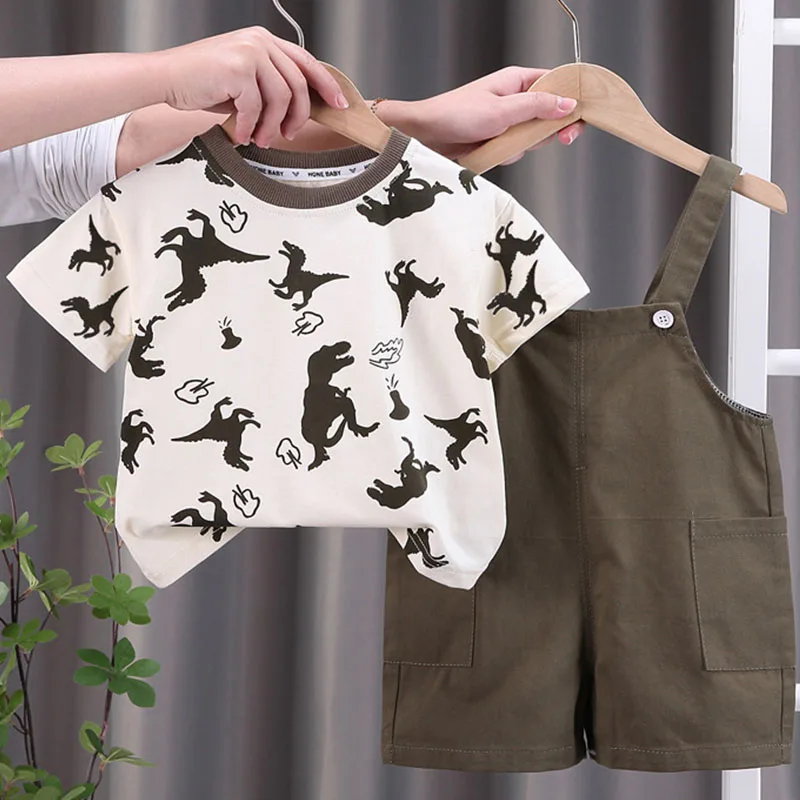 2Piece Sets Summer Toddler Boy Outfits Korean Kids Clothes Fashion Cartoon Short Sleeve Tops+Overall Baby Boutique Clothing B146