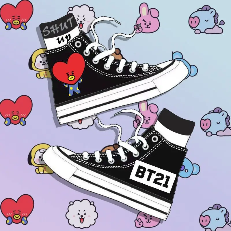 New Cute Bt21 Canvas Shoes Kawaii Cartoon Printed High Top Casual Shoes Everyday Versatile Comfortable Sneakers Holiday Gift