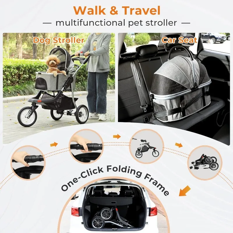 MSmask Dog Stroller for Medium Small Dogs, 3 in1 Folding Pet Stroller w/Removable Travel Carrier, Zipperless Dual Entry