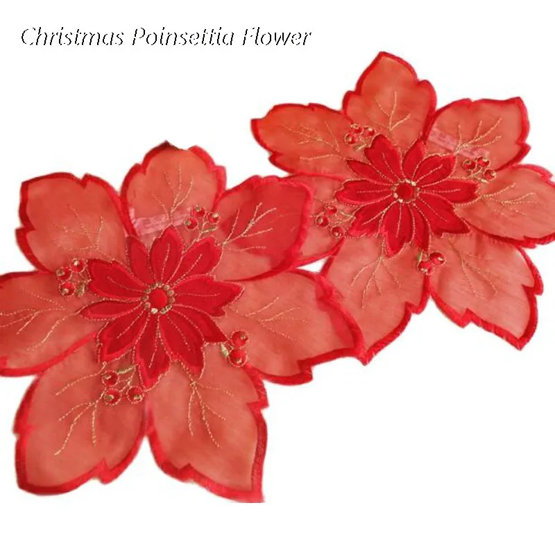 HOT red Christmas Poinsettia flower embroidery table place mat cloth coaster placemat kitchen Table decoration and accessories