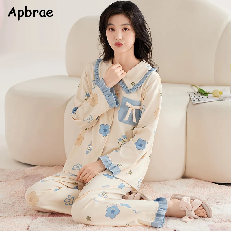 Women Cotton Pajamas Set Autumn Winter Turn-down Collar Cute Sleepwear Princess Style Nightwear Lady Long Sleeve Homewear