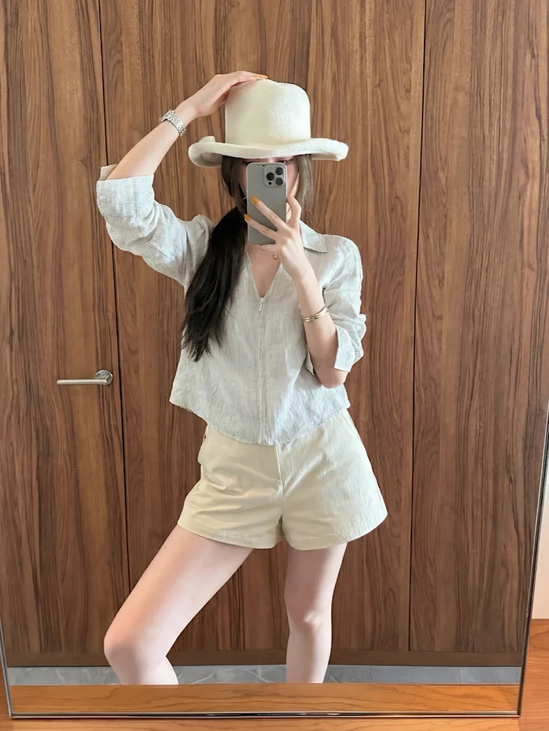 

Kumikumi Casual Style Long Sleeve Striped Color Block Women's Shirt Slimming Chic Spring Fashionable Versatile Zipper Shoulder