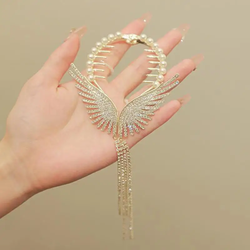 New Angel Wings Pearl Rhinestone Tassel Pill Head Ponytail Buckle Hair Clip Female Korean Hair Card Hair Accessories