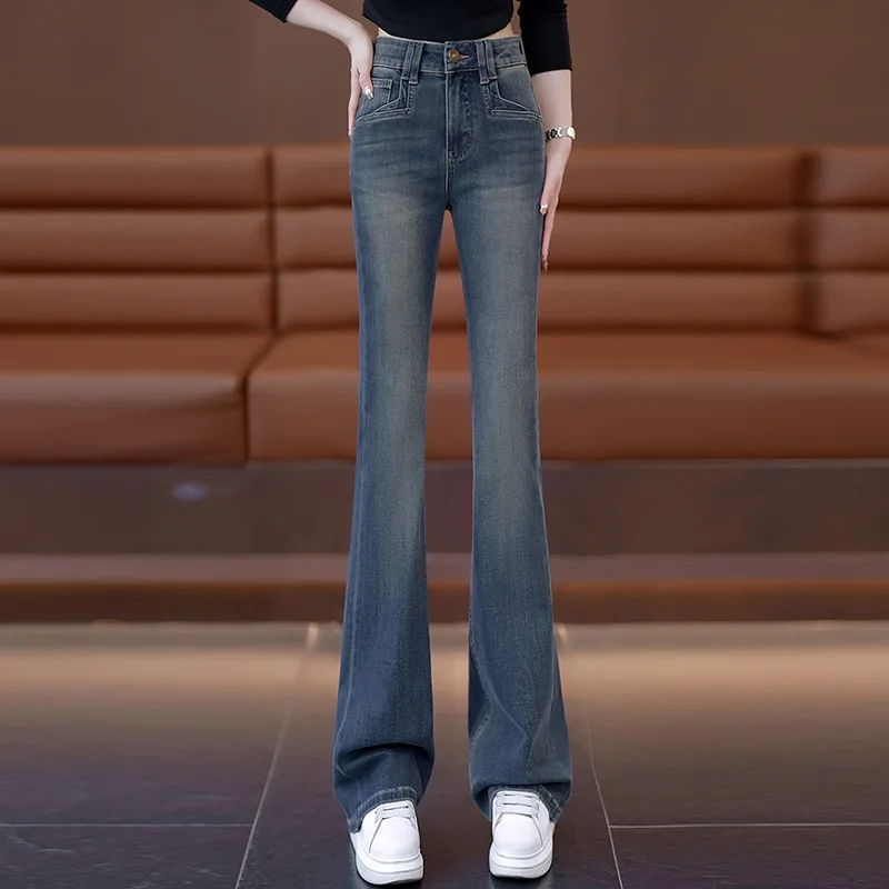 Теплые джинсовые расклешенные брюки на флисовой подкладке, утягивающие брюки-клеш