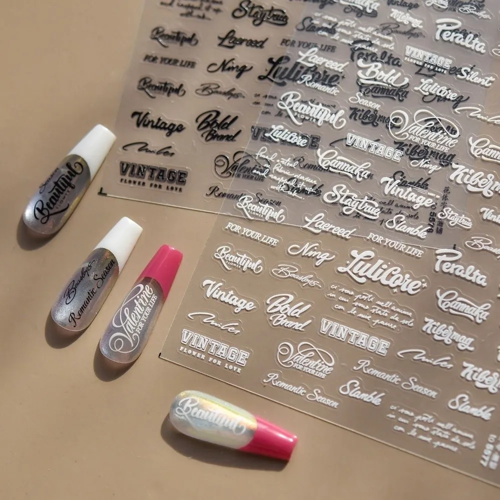 Vintage English Letter Nail Art Stickers Black White Artistic Font Nail Decoration DIY 3D Embossed Manicure Decals Manicure Tool