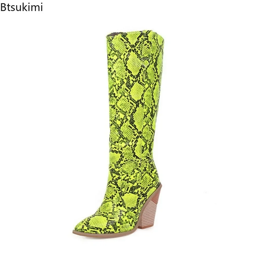 New2024 Women\'s Knee-High Boots Snake Print Strange Heel Females Shoes Pointed Toe Sexy Catwalk Boots for Women Large Size Boots