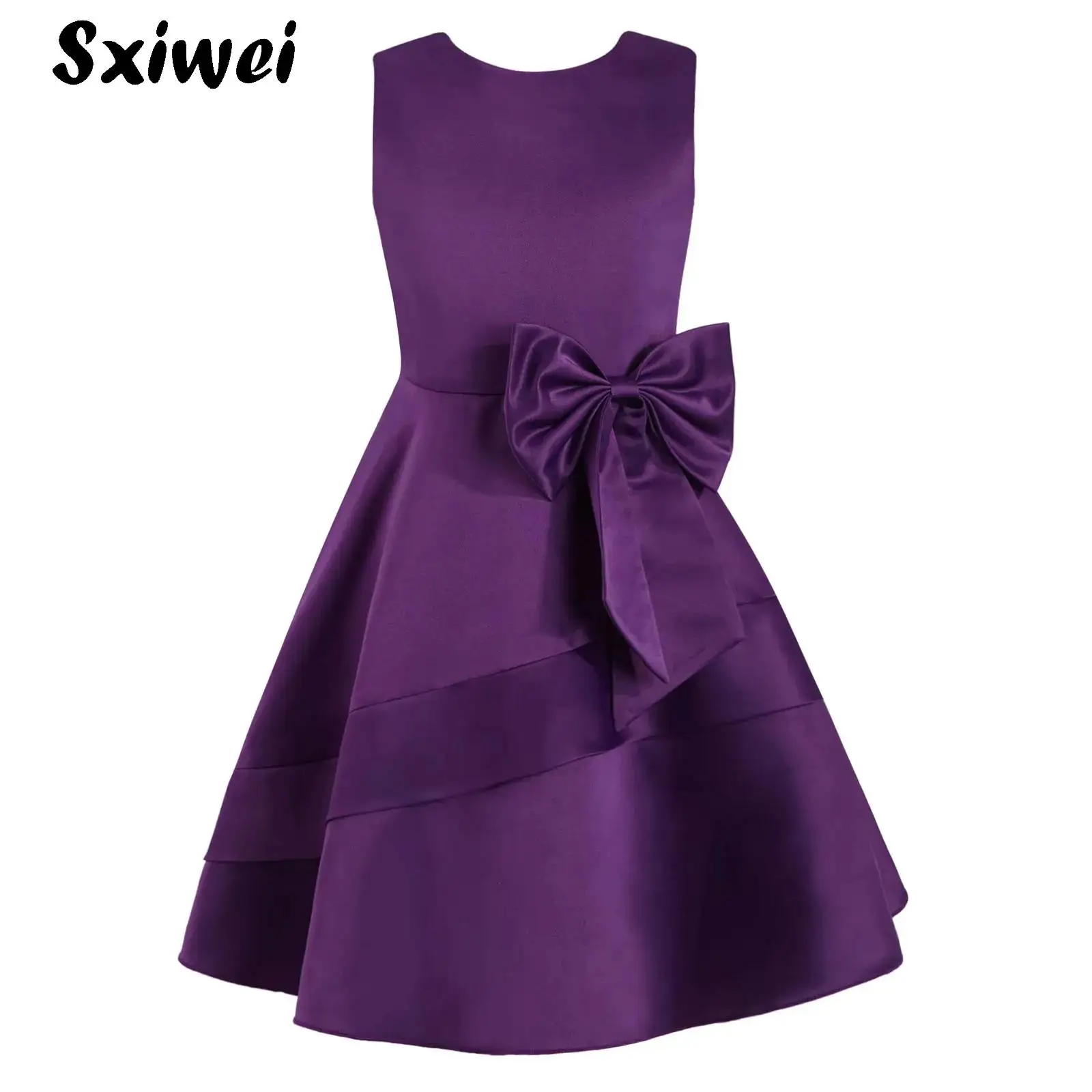 

Satin Flower Girl Dress Big Bowknot Sleeveless Junior Bridesmaid A-Line Dress for Wedding Party Princess Pageant Formal Gown