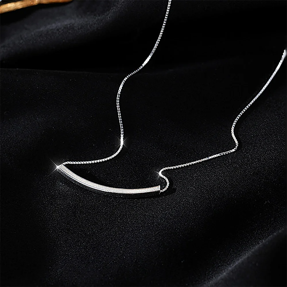S999 Sterling Silver Smile Bar Pendant Necklace for Women Minimalist Curved Horizontal Tube Chain Daily Elegant Jewelry Gift