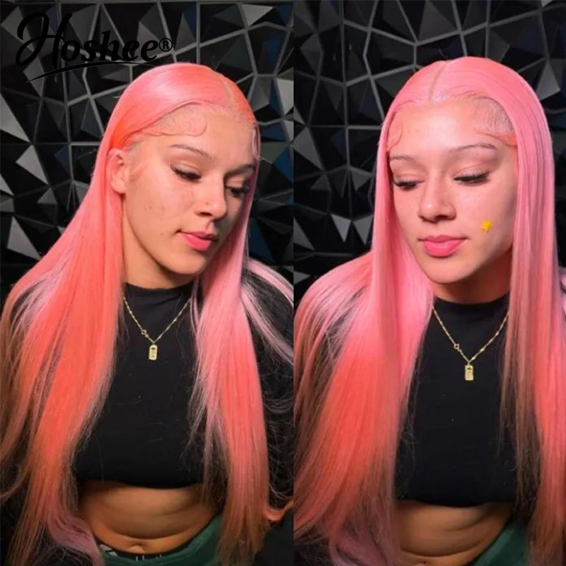 Peruca de cabelo humano reta para mulheres, rosa azul claro, renda frontal 13x4 HD pré-arrancada, cabelo remy brasileiro transparente