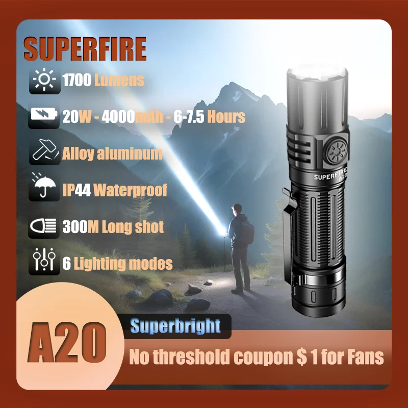 Latest SUPERFIRE A20 Powerful EDC Flashlight Waterproof  Torch 1700m Spotlight USB Rechargeable 5 Modes Outdoor Lantern