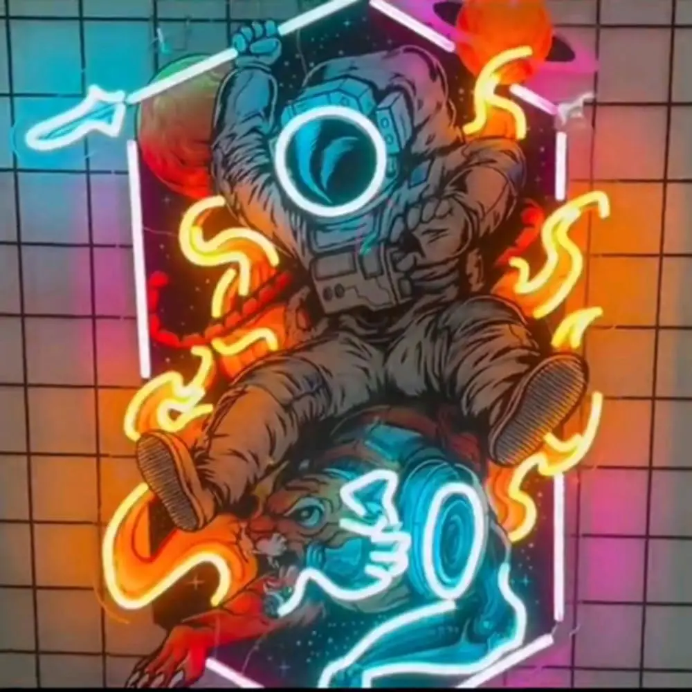 Astronaut Riding Space Tiger Neon Sign, Personalized LED Light Wall Art, Astronaut & Tiger Acrylic Artwork, Home Decor Gift