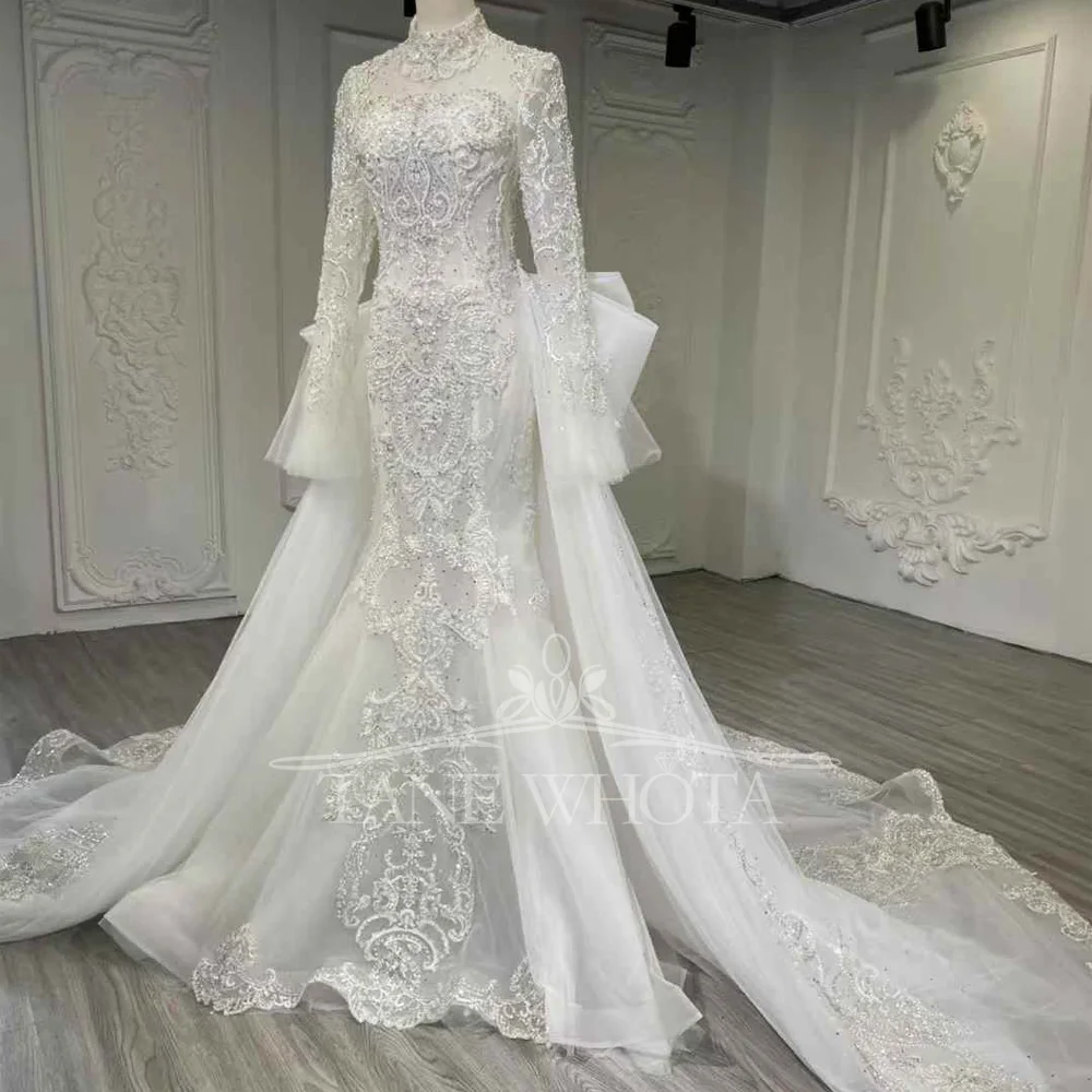 Abito Sposa High Long Sleeve Lace Up Keyhole Back Wedding Dress Detachable Train Crystal Embroidery Bow Classic Bridal Dress