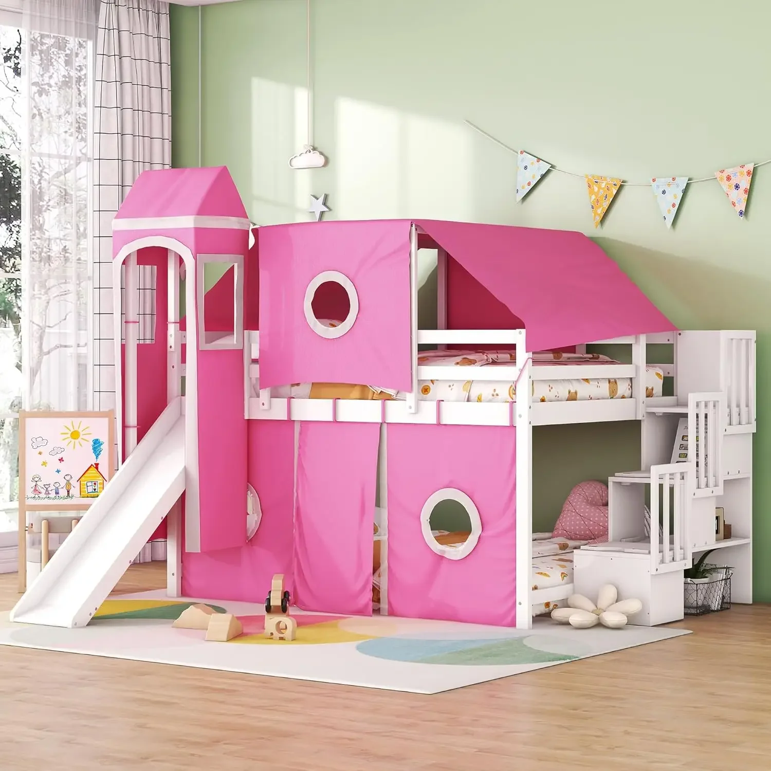 Harper & Bright Designs huishoogslaper met glijbaan en opbergtrap, houten kinderhoogslaper met tent en toren, speelhuiszolder