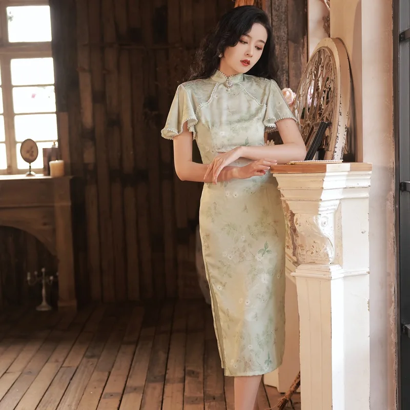 

Printed National Style Cheongsam Chinese Retro Slim Temperament Dresses With Low Slit Large Size Qipao Sexy Vestidos