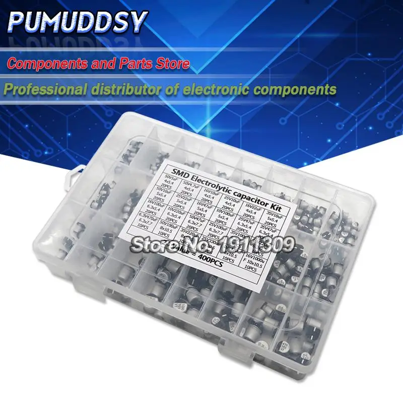 1uF~1000uF 6.3V-50V 400PCS 24Value SMD Aluminum Electrolytic Capacitors Assortment Kit + Box