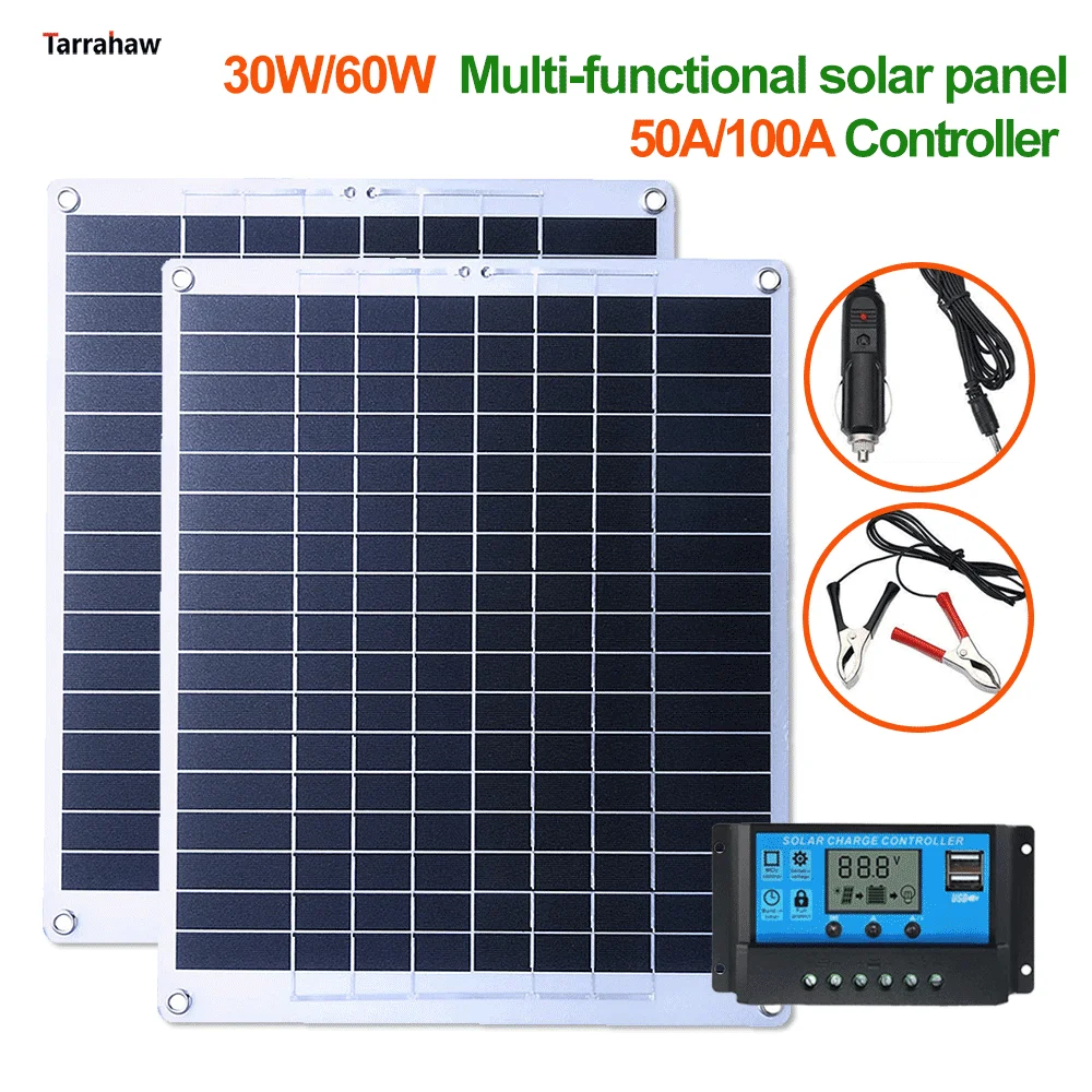 

30W/60W Solar Panel 50A/100A Controller USB+DC Output PV Cell Portable Solar Charger Outdoor Power Supply for Power Generator