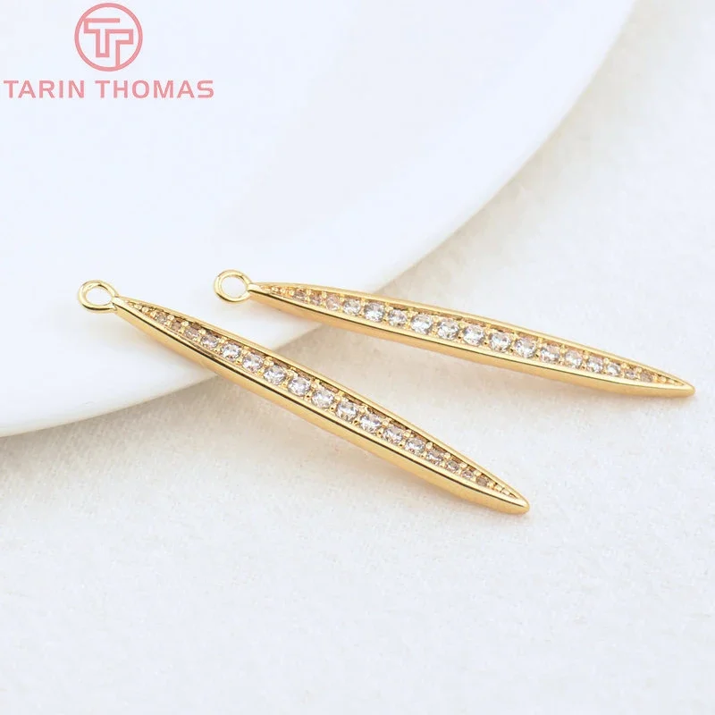 (3002) 2PCS 33x3.5MM Hole 1.5MM 24K Gold Color Brass with Zircon Long Strip Charms Pendants High Quality Jewelry Accessories