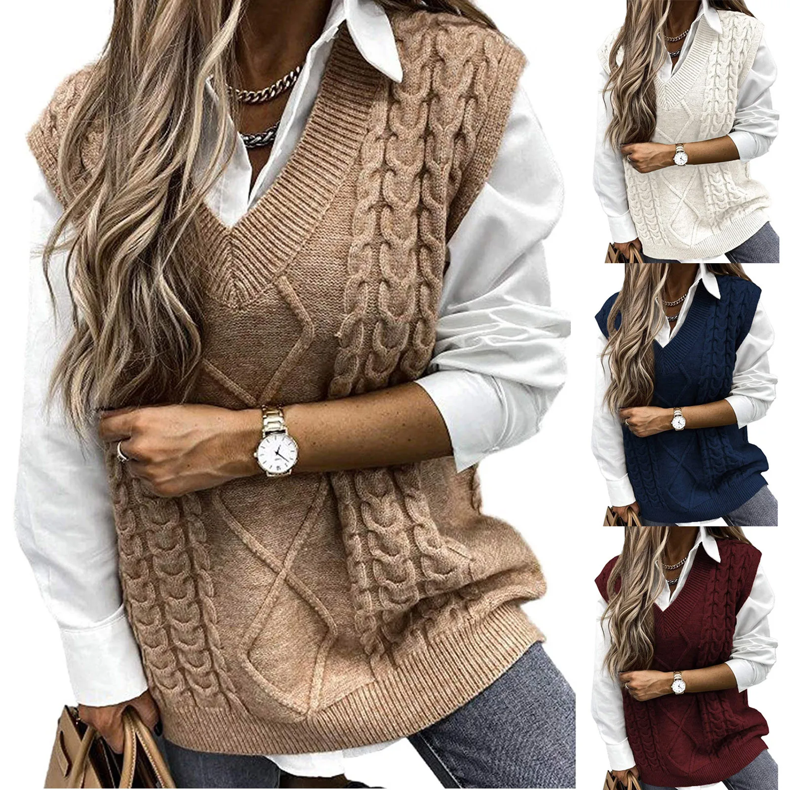 

Women's Sweater Vests Fashion Retro V-Neck Sleeveless Pullover Knitted Sweaters Trendy Chunky Knit Casual Sweaters For Women