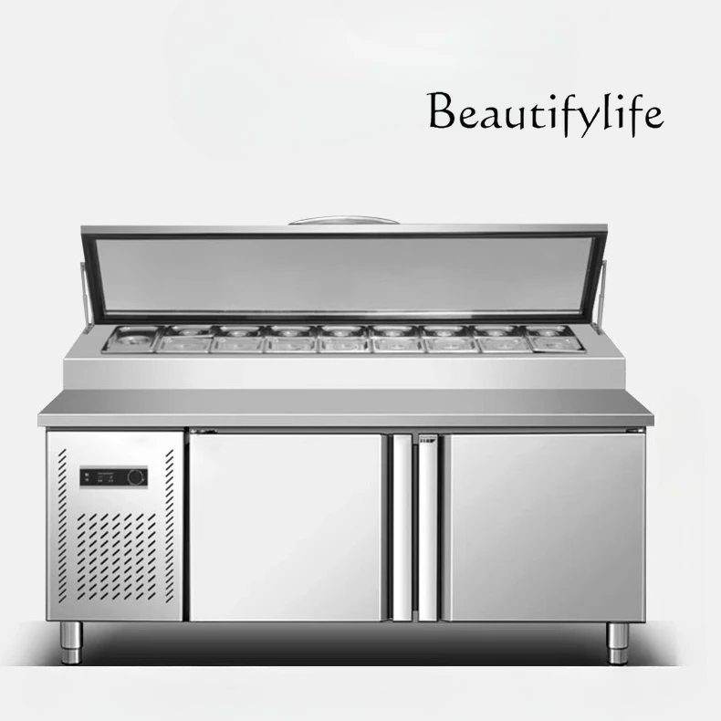 Mesa de ensalada ranurada comercial, mesa de ingredientes sueltos para pizza refrigerada, vitrina de pesca de frutas, banco de trabajo de mantenimiento fresco