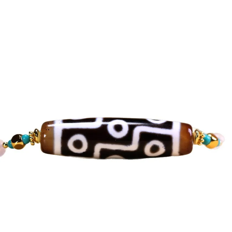 Tibetan natural authentic old mine raw agate nine-eye dzi bead turquoise collarbone necklace, approximately 13x48mm