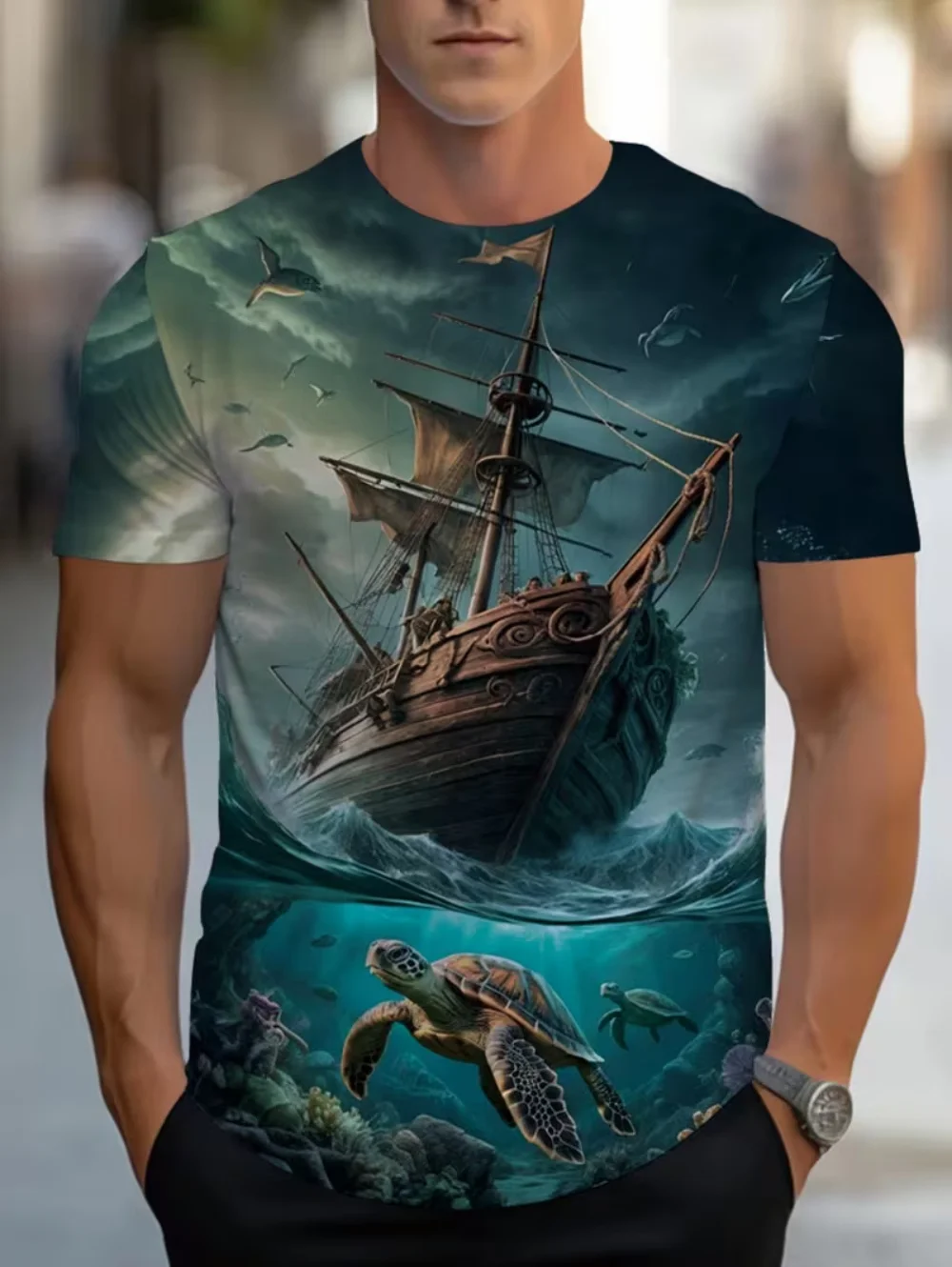 

﻿ Men's T-Shirts Nautical Sailing Ship Starry Night Graphics Summer 3D Short Sleeve Tops Lightweight Men's Short Sleeve T-Shirt