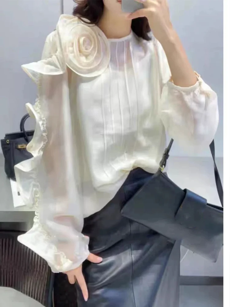 Fashion three-dimensional flowers ruffled solid color pullover 2025 spring new design round neck long sleeve Joker blouse