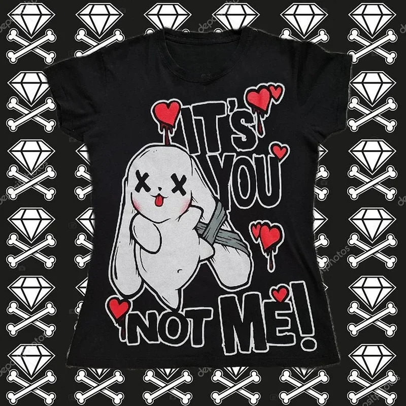 

Harajuku Women Y2K Graphics Print Kawaii Short Sleeve T-shirts Crop Tops Slim 2000s tops Streetwear White Punk Goth Baby Tees