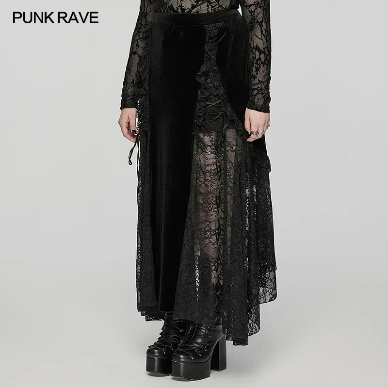 PUNK RAVE Women's Gothic Staggered Lace Patchwork Ruffled Velvet Skirt Gorgeous Party Club Black Long Skirts for Women Autumn