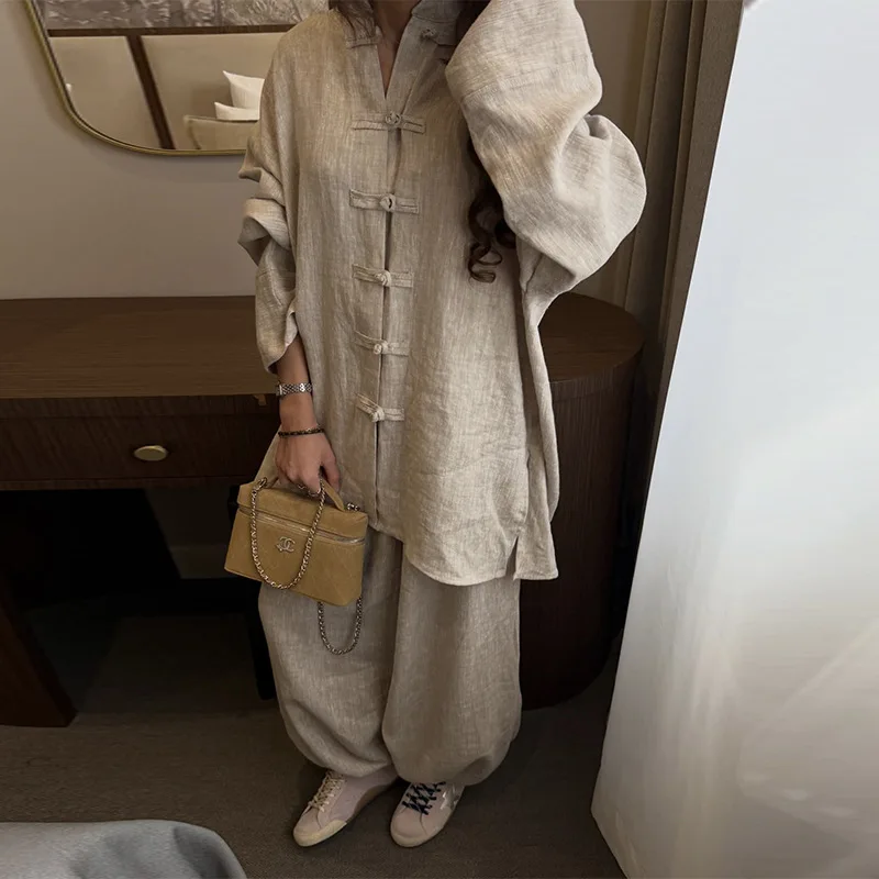 

Женский элегантный комплект BJTZ: свободная рубашка и брюки с широкими штанинами, повседневный модный костюм из двух предметов, весна-лето