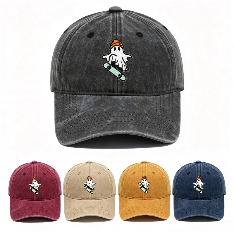 Vintage Washed Cool Skateboarding Ghost Embroidery Baseball Cap Unisex Adjustable Dad Hat Halloween Skater Casual Outdoor Hat